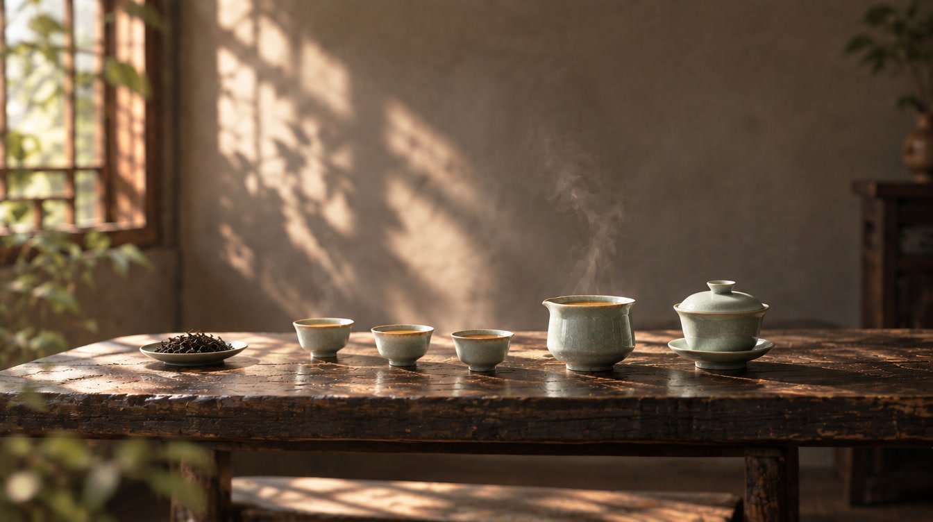 A tea table laid for a session: a dish of dry leaves, three cups, a chahai of amber tea and a gaiwan