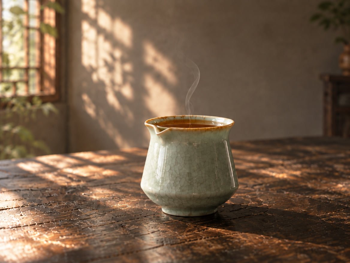 A celadon chahai full of amber tea, one curl of steam rising