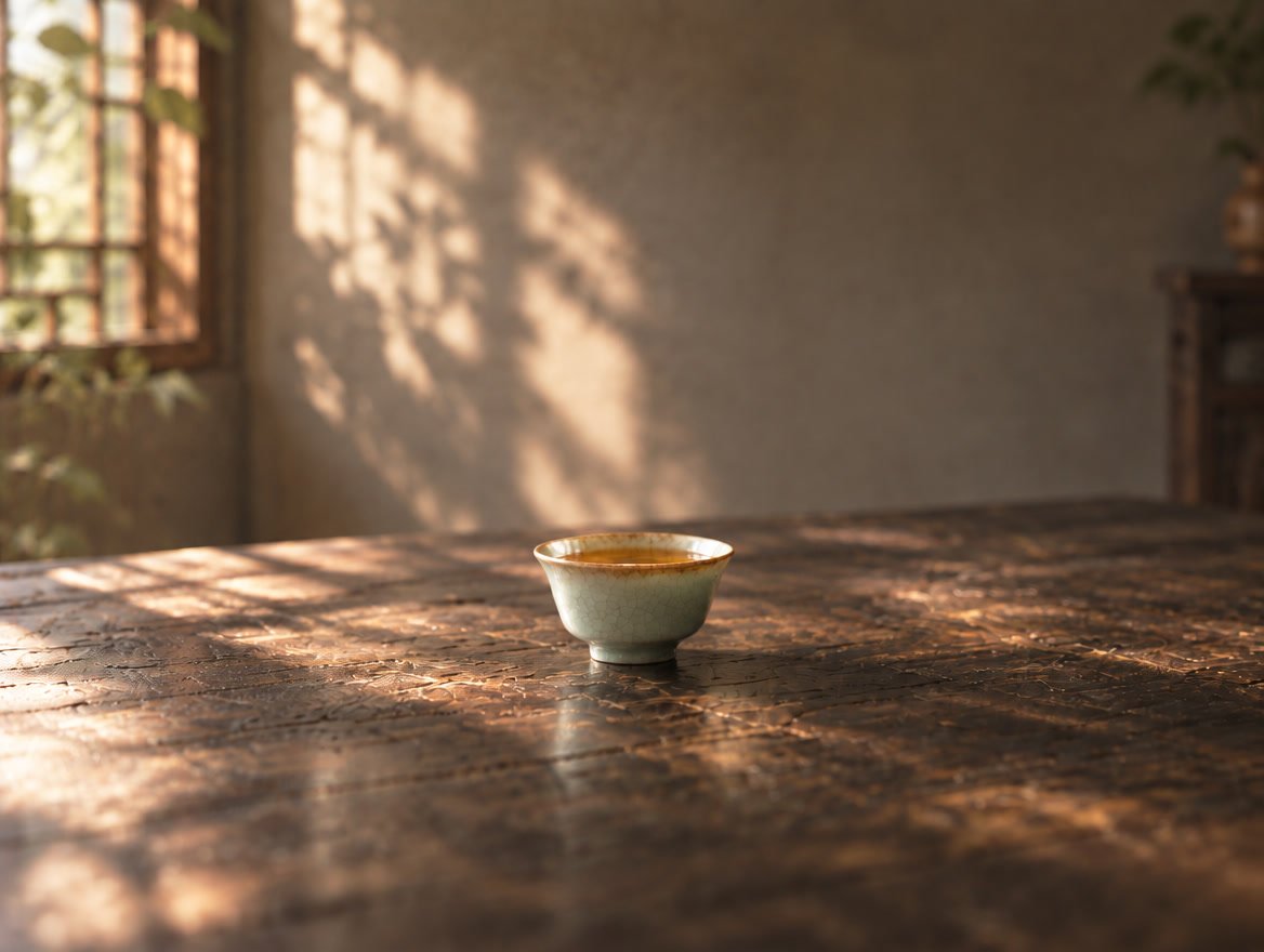 One very small celadon teacup holding a shallow pool of amber tea