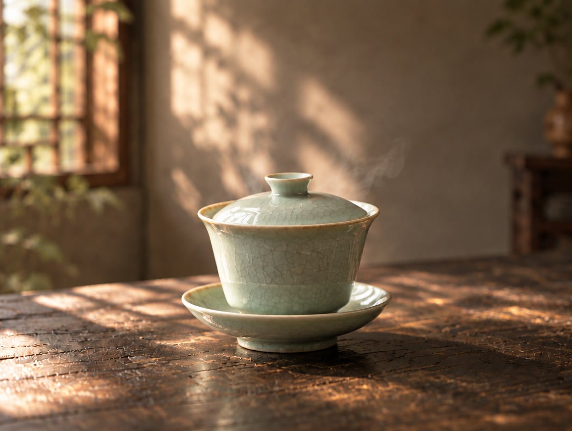 A celadon gaiwan at rest on a dark elm table, lid on, saucer beneath, steam escaping